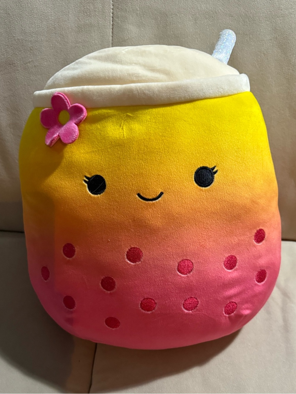 Squishmallows Yellow to Pink Gradient Bubble Tea Plush with Flower Accent